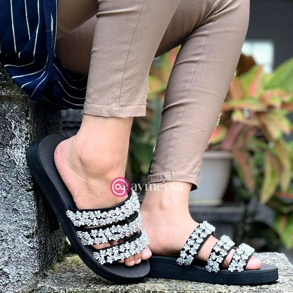 MAIZA Sandal Selop Wanita Elegant dengan Hiasan Manik-Manik Spons Premium Tinggi 4cm Sendal Kokop Beads