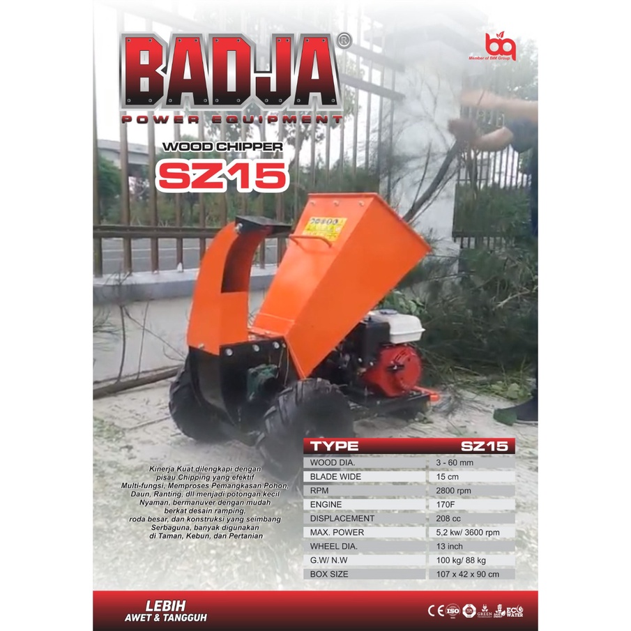 Badja SZ15 Wood Chipper - Mesin Cacah Ranting Daun Pohon / Pemangkas Pohon Daun Ranting