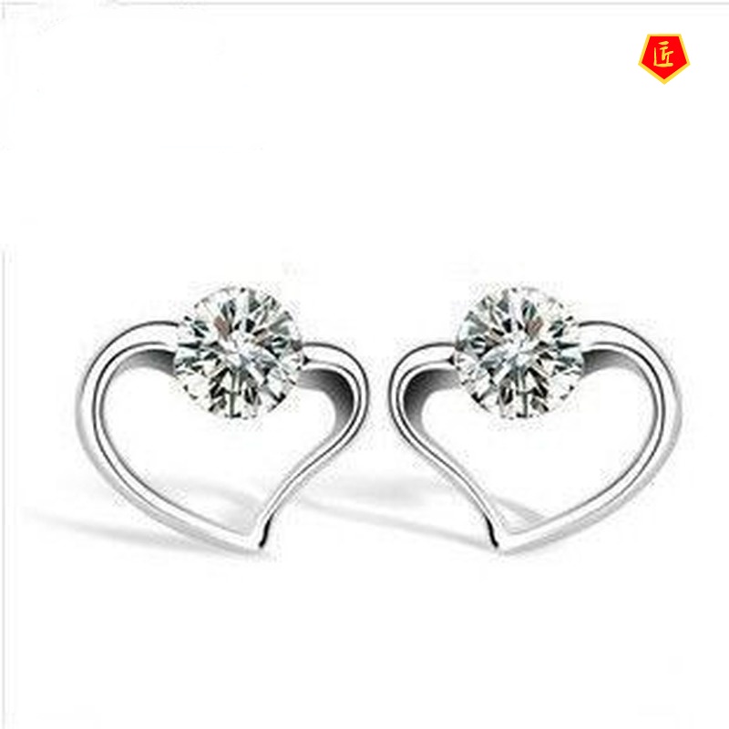 [Ready Stock]Simple Elegant Diamond Heart-Shaped Silver Earrings