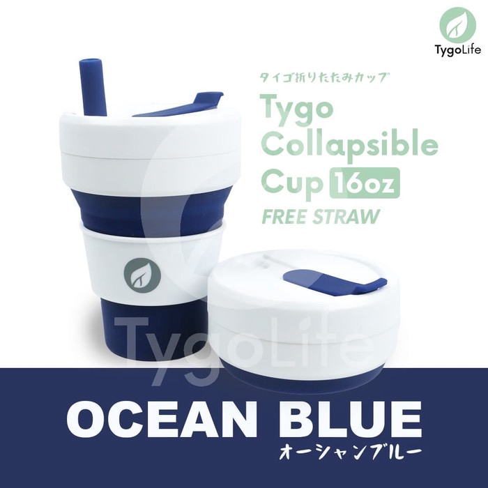 TYGO COLLAPSIBLE CUP / STOJO BIGGIE CUP TANPA LOGO (Gelas Lipat - Travel Cup) 16Oz - Ocean Blue