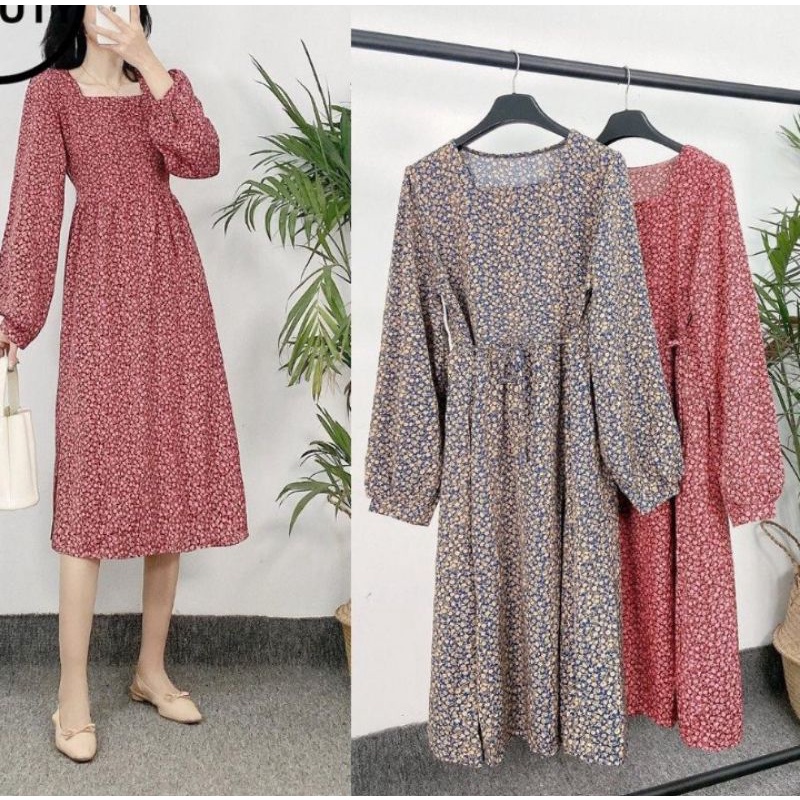 SALE Dress lengan panjang motif Bunga Bahan Sifon Gaya korea