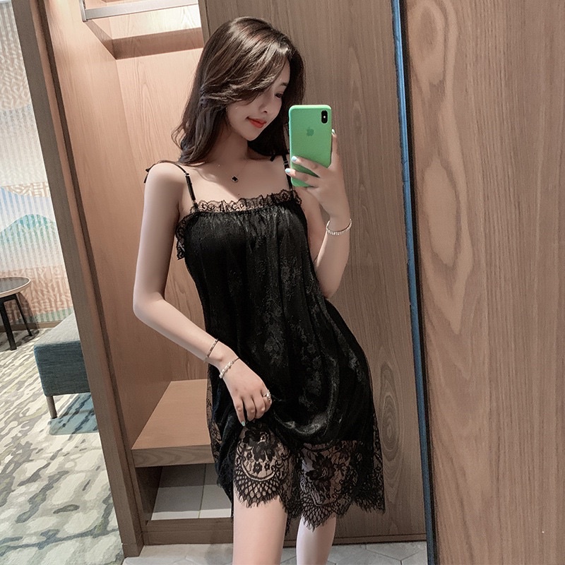 Lisa Black Pink Lace Babydoll Set Gaun Brukat Renda Tali Spaghetti Seksi Daster Size Besar Lingerie 