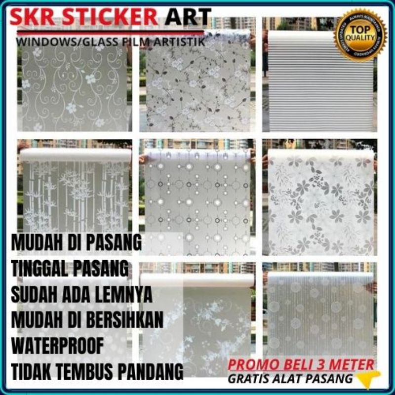 Sticker / Stiker Kaca Jendela / Pintu Rumah Dan Kantor Sandblast Polos Dan Motif Bunga Kotak Ikan Dl