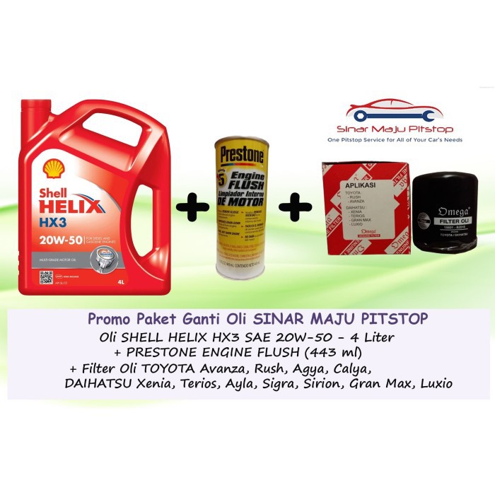 Paket Ganti Oli TOYOTA AGYA & CALYA - Shell Helix HX3 20W-50 (4 Ltr) & Filter Oli & Prestone Flush