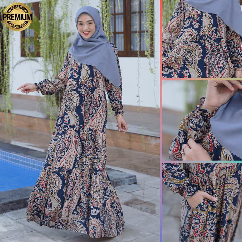 Gamis Syari Home Dress Busui Motif Batik Nayaka Navy By Wearmoura