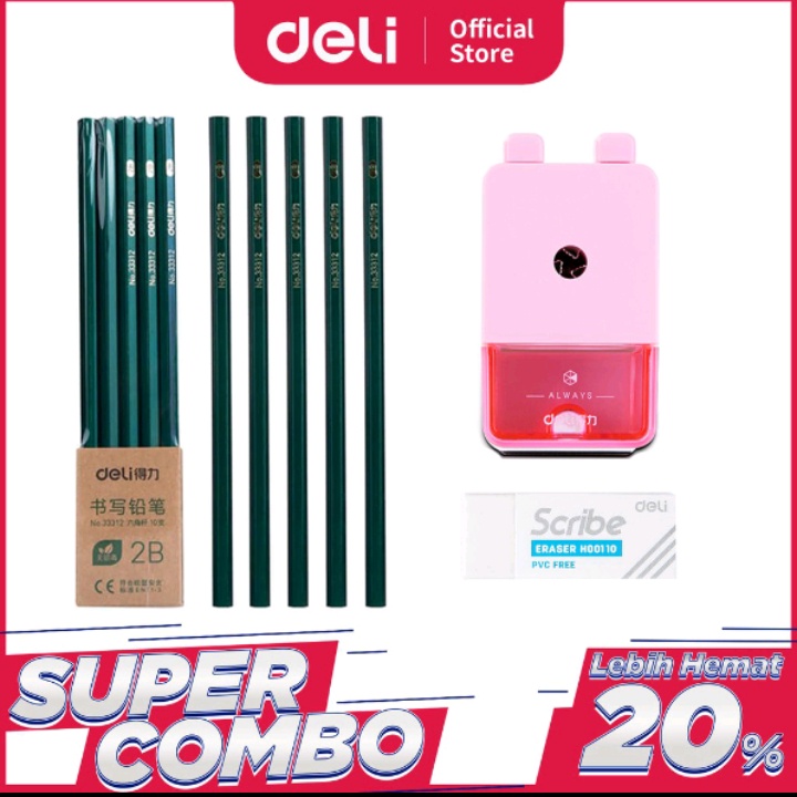

Deli Combo Set 2 - 10pcs Pensil 2B + 3pcs Penghapus + Rautan Putar