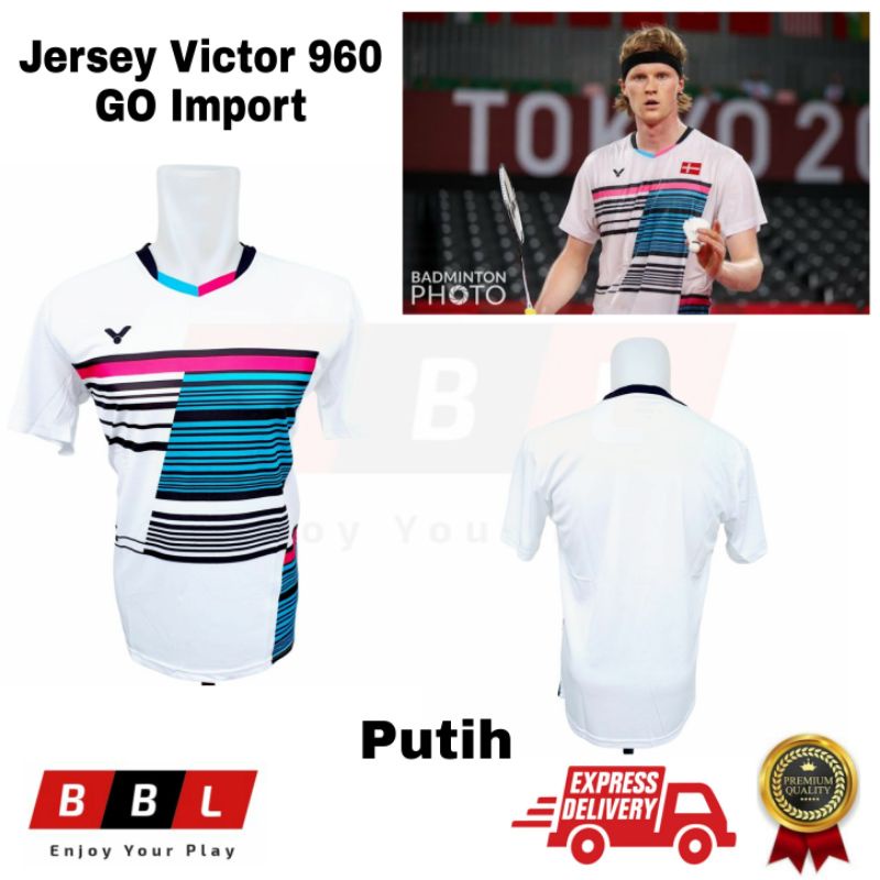 Kaos Badminton Victor 960 Putih Grade Ori Antonsen / kaos bulutangkis victor Import Terbaru Jersey B