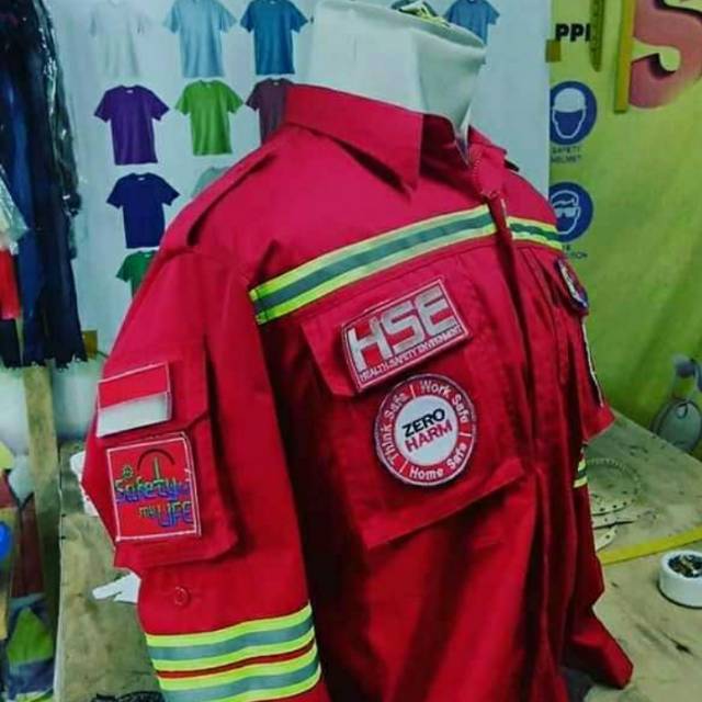 SERAGAM BAJU PROYEK SAFETY MERAH HSE TEAM ATRIBUT LENGKAP