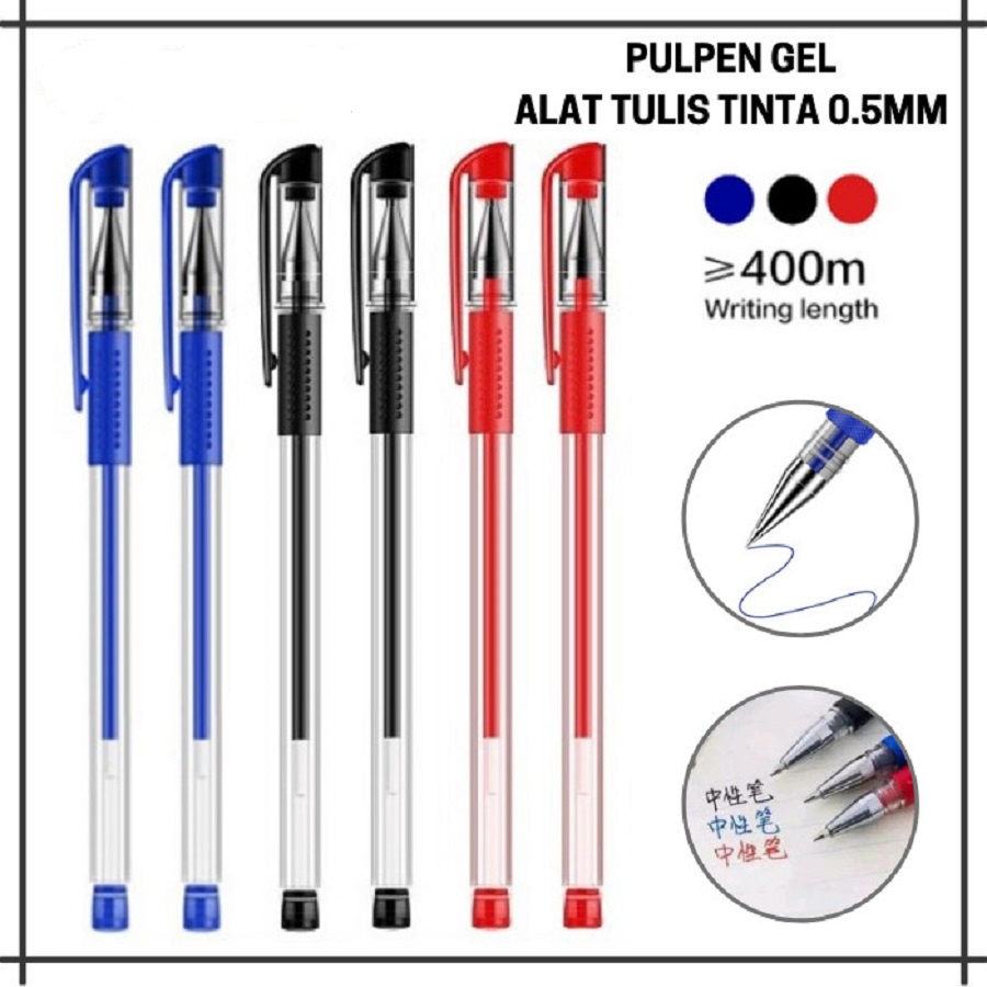 Pulpen Gel Ink Pen Bullet Tip 0.5mm Pena Alat Tulis Hitam Merah Biru