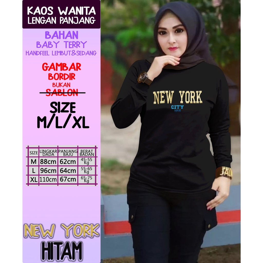 CENOA Kaos Wanita Lengan Panjang  / Kaos Sweatshirt / Atasan Wanita / Atasan Wanita Lengan Panjang-HITAM NEWYORK