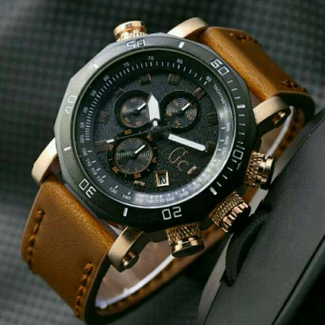 Jam Tangan Pria Elegant Exclusive GUESS COLECTION Master Premium Watch Sporty Black Rosegold