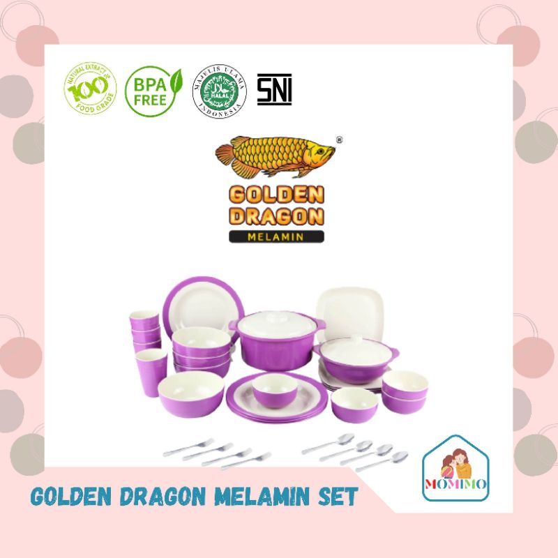 Golden Dragon Melamin Erika Dining Set 30 Ungu Mangkok Piring Cangkir Gelas