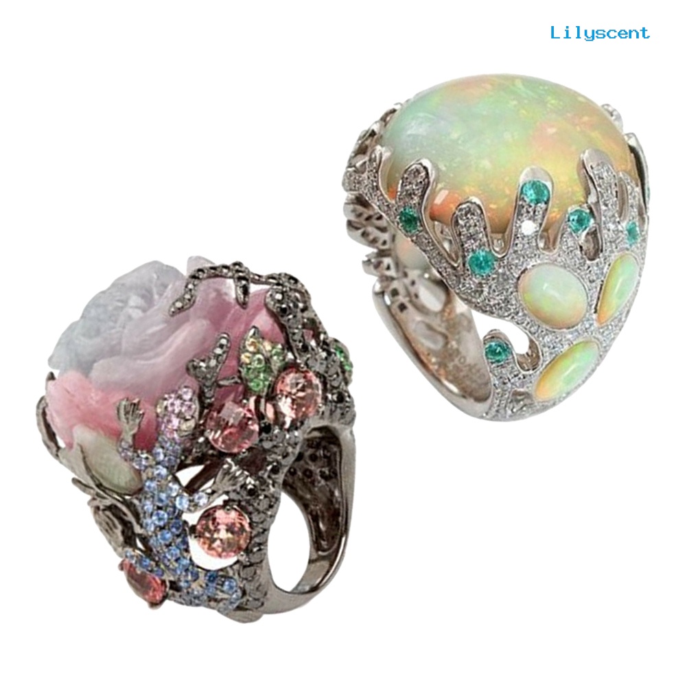 Lilyscent Women Multicolor Big Oval Faux Moonstone Carved Flowers Finger Ring Jewelry