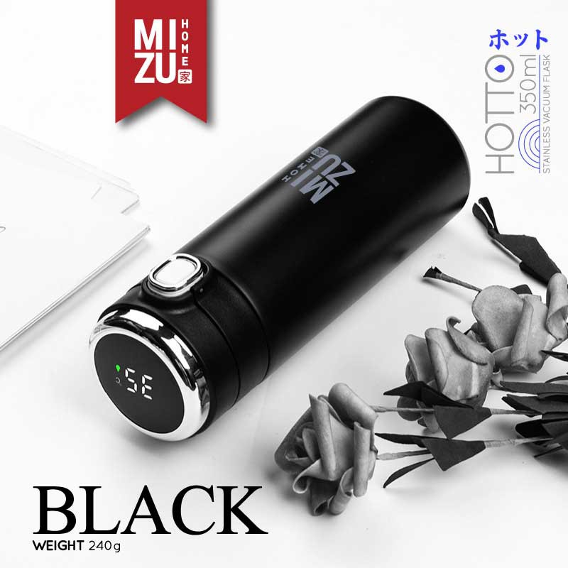 MIZU HOTTO Stainless Vacuum Flask 350ml Temperature Display Travel Thermos Botol Minum Termos-BLACK hitam