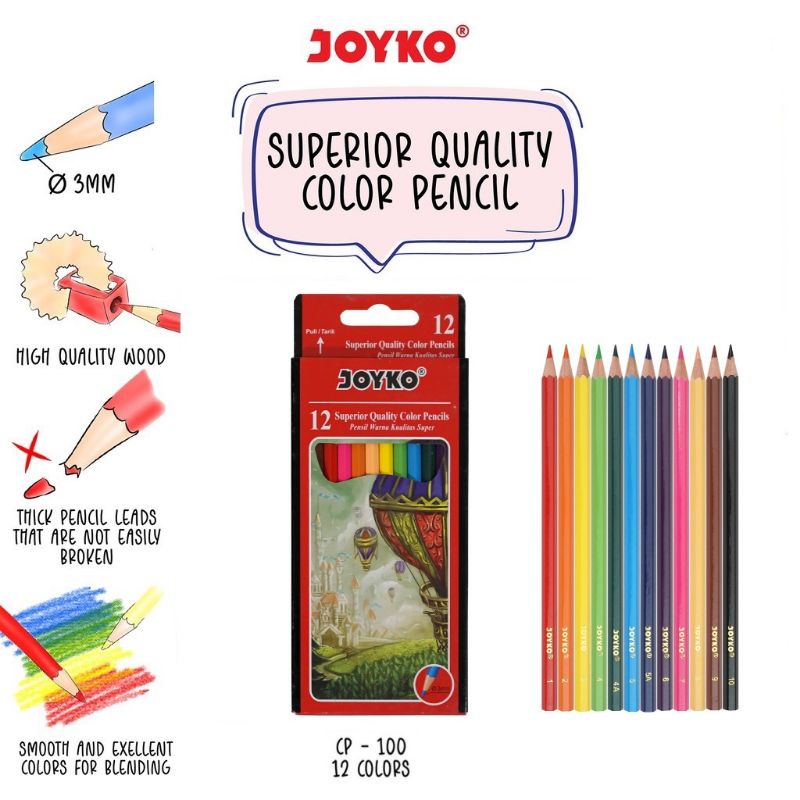 

Joyko CP-100 Pensil 12 Warna Superior Quality Color Pencils Hexagonal Grip