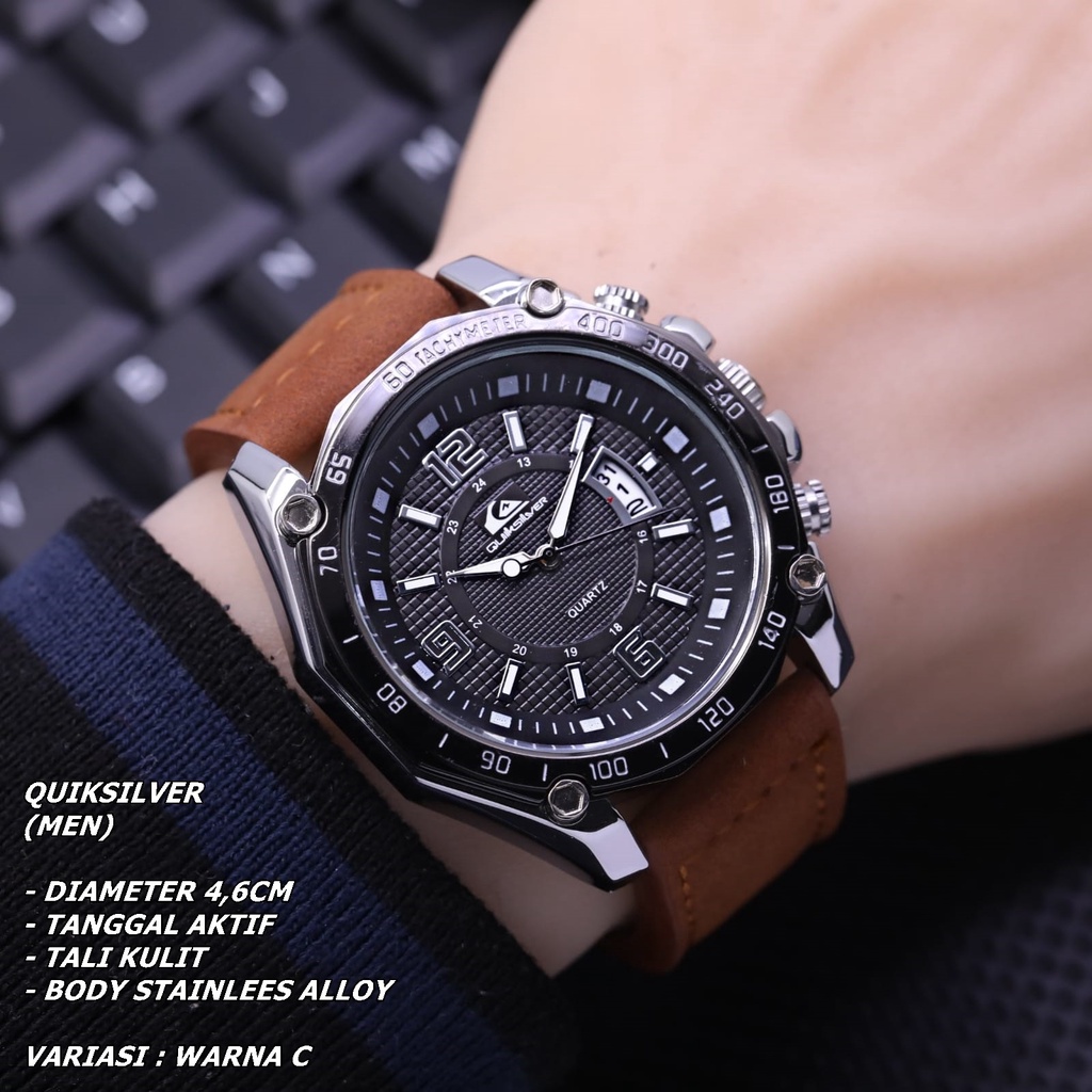 JAM TANGAN PRIA QUIKSILVER TALI KULIT BODY BULAT TANGGAL AKTIF