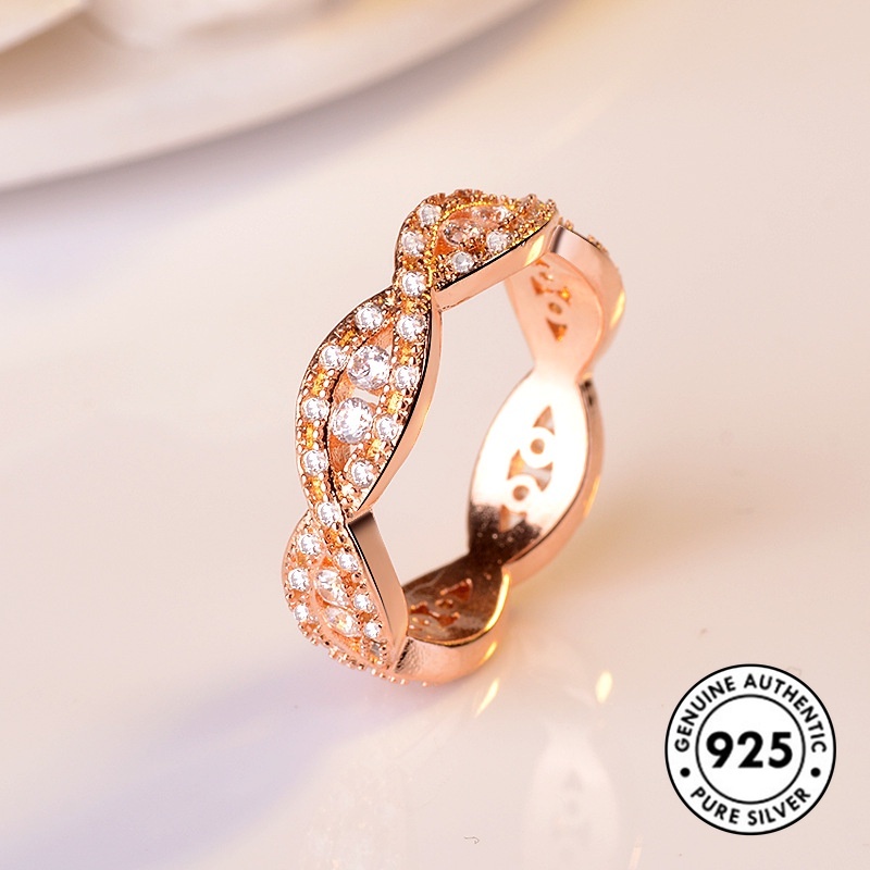 Cincin Sterling Silver 925 Model Silang Warna Rose Gold Dengan Berlian Imitasi Untuk Wanita