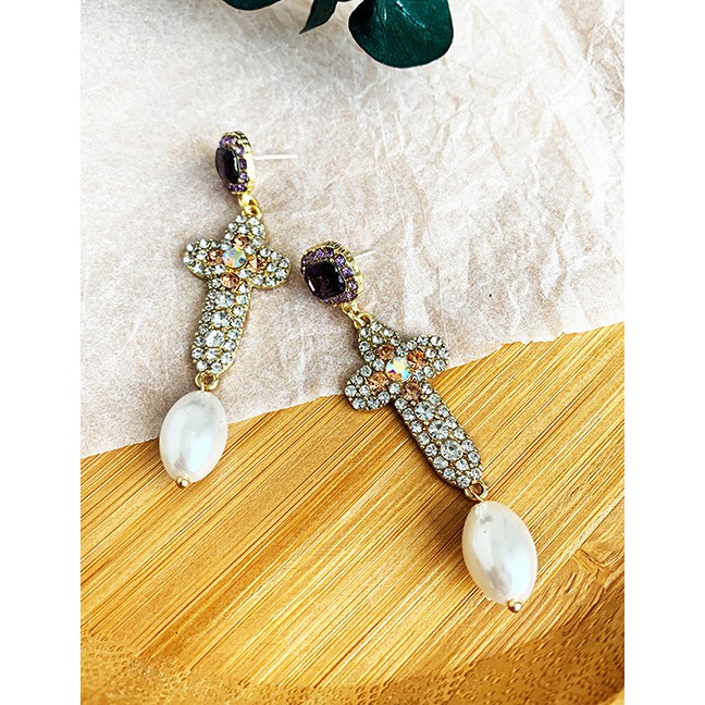 LRC Anting Tusuk Fashion Purple Alloy Diamond Cross Pearl Earrings F91337