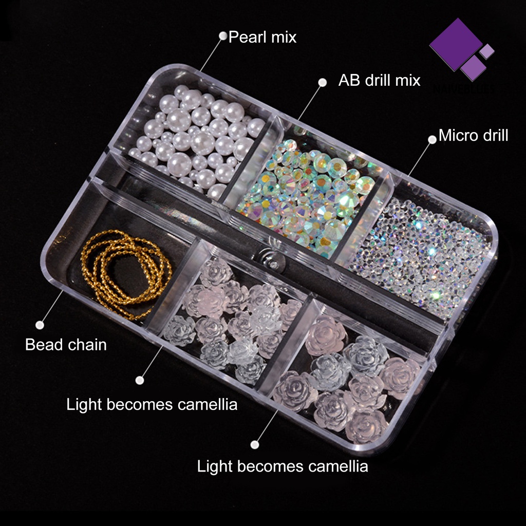 Naiveblue &gt; 6 Sekat / Kotak Hiasan Kuku Bentuk Bunga Kamelia / Aurora / Mutiara Putih Untuk Nail Art Wanita