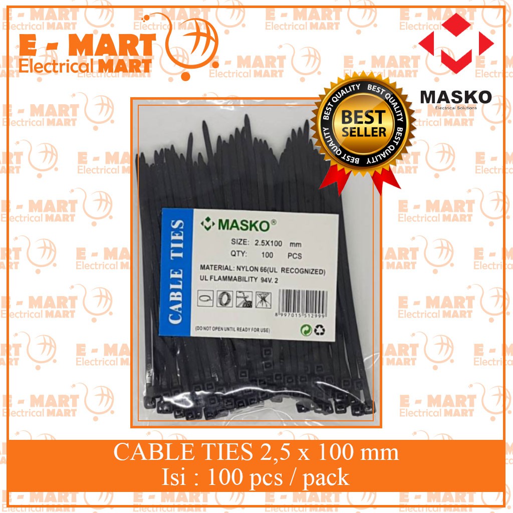 MASKO KABEL TIES 10CM TALI TIES 100 x 2.5MM 100PCS NYLON CABLE TIES SEGEL TIS WH BLACK [GROSIR]