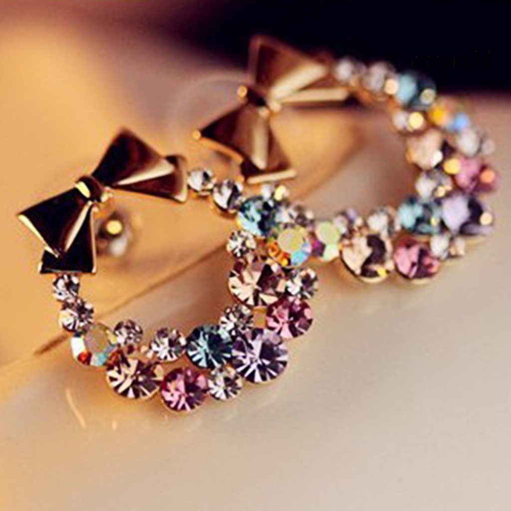 OW# Colorful Rhinestone Drop Earrings Bow Women Circle Hook Earrings Stud Earrings Fashion Jewelry