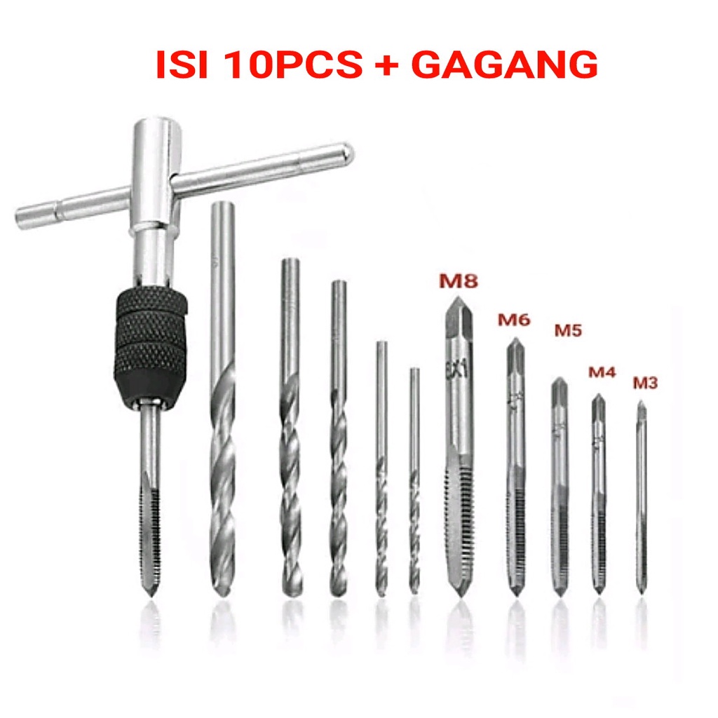 Mata Bor Tap Die Set/Handtap 9pcs Hand Tap Tapping Metal Screw/MATA BOR SENAI DRAT BAUT PEMBUAT DERAT ULIR BAUD HANDTAP HANDTAB HAND TAB/Pembuat Ulir Sekrup dengan Tap Wrench Original/Taps M3-M6/Thread Metric Machine Wrench Holder Hand Set