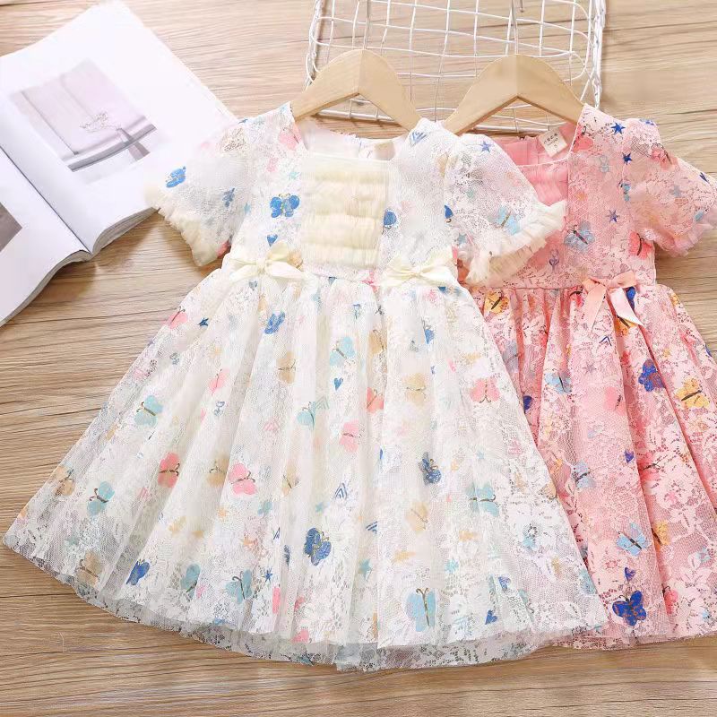 KF CAT Dress Brukat Anak Perempuan Import /Gaun Princess Pesta Lengan Pendek Ruffle Rok Panjang Renda Mewah Motif Kupu Kupu Untuk Usia 3-7 thn-5