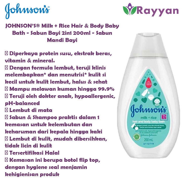Johnson's Hair &amp; Body Wash Milk &amp; Rice 200 Ml Harum Wangi | Sabun Cair Johnson's | Sabun Mandi Bayi|Perlengkapan bayi|kebutuhan Bayi