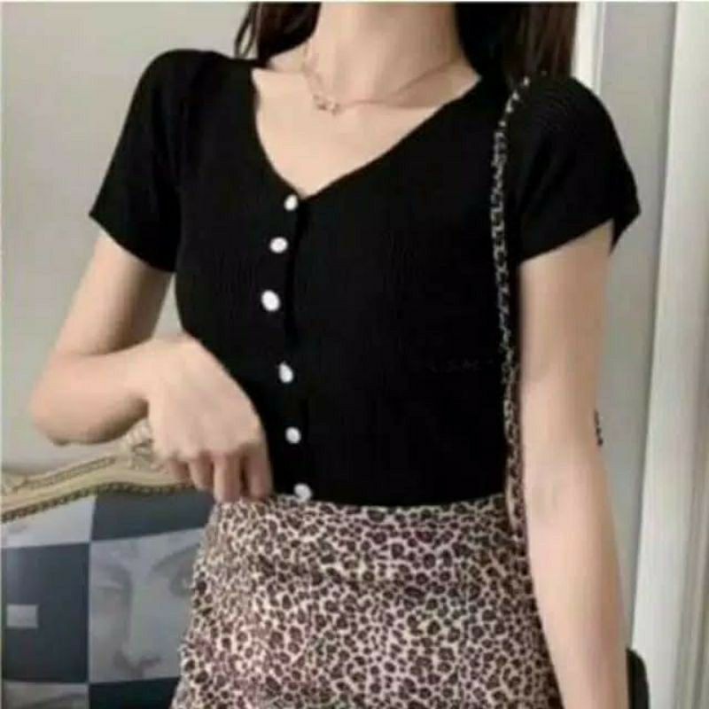 BAJU RAJUT LENGAN PENDEK PREMIUM V BUTTON RAJUT CEWEK CASUAL BLOUSE RAJUT KANCING DEPAN GOOD QUALITY