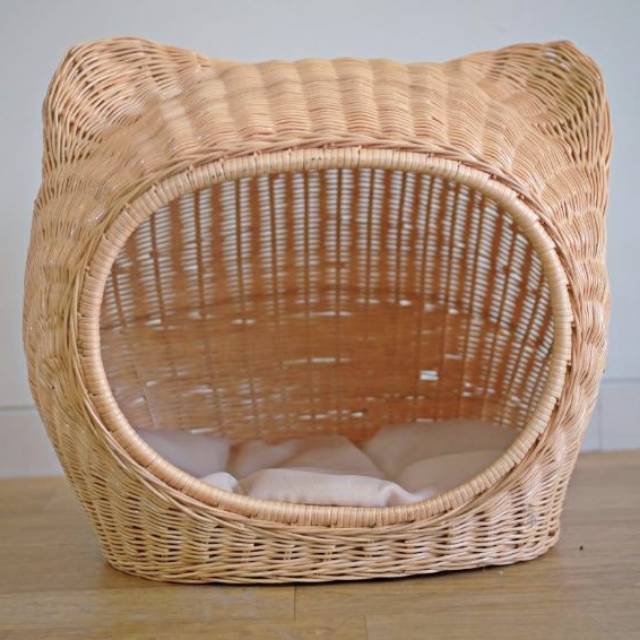 Rumah kucing free bantal bahan rotan asli kandang kucing Rumah kucing free bantal bahan rotan asli kandang kucing