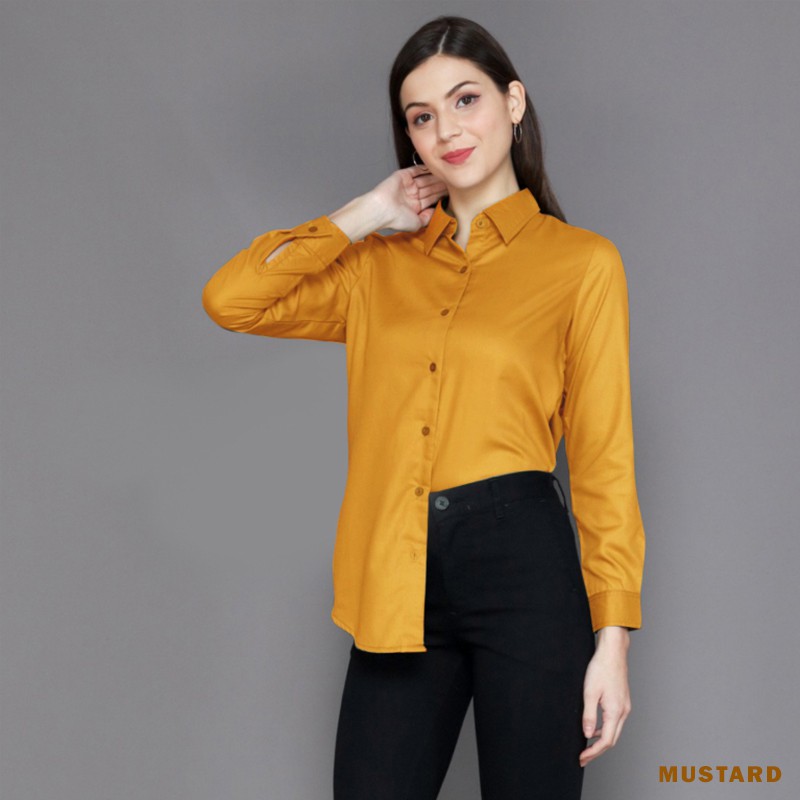 kemeja wanita polos lengan panjang basic kekinian hem cewek baju kantor slimfit simple terbaru murah-MUSTARD