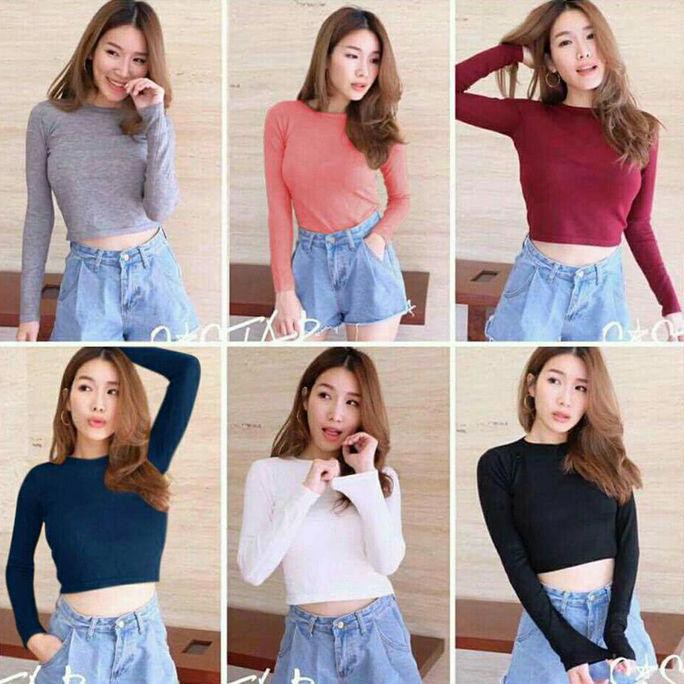 Basic Crop Top Tee Kaos Lengan Panjang