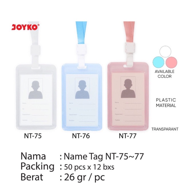 

Name tag Tanda Pengenal NT 75 76 77 Joyko bahan Plastik Keras warna Pastel 1 set