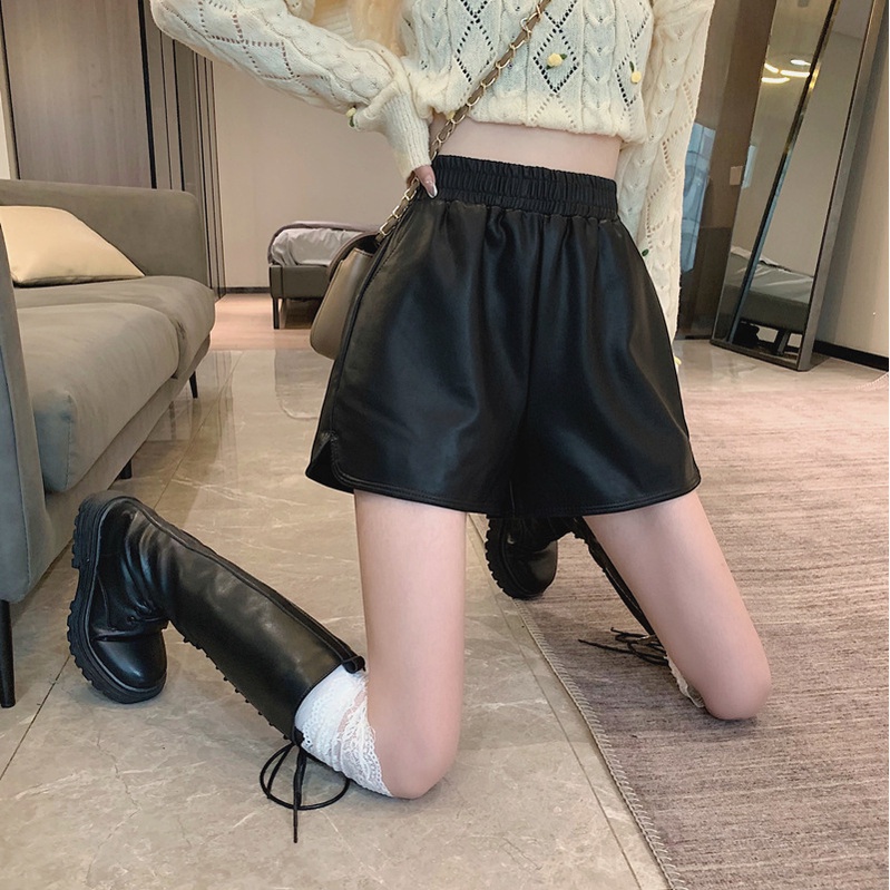 #Sisjuly# Kulit Celana Pendek Wanita2022Baru Pinggang Tinggi Kulit Celana Pendek Pelangsing Kasual Lebar Kaki