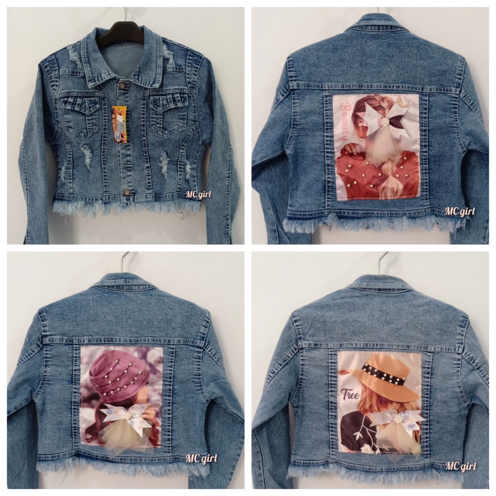 MC girl - Jaket Jeans Gambar Crop Sobek Rawis / Jacket Denim Body Pendek Ripped Rumbai