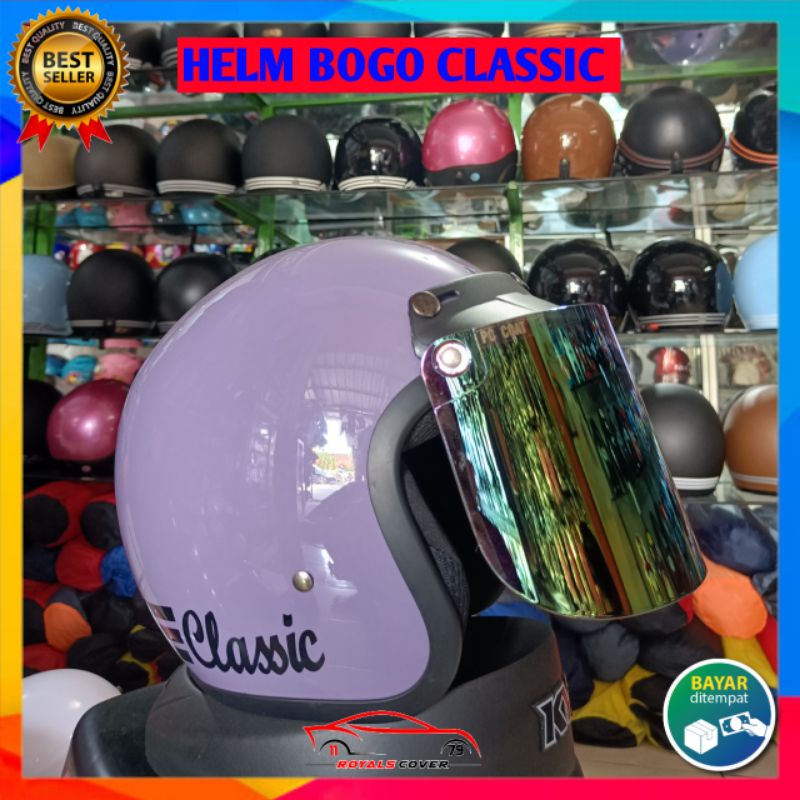 helm bogo classik garis tiga kaca datar flat sni pria wanita dewasa murah polos kaca helm classic