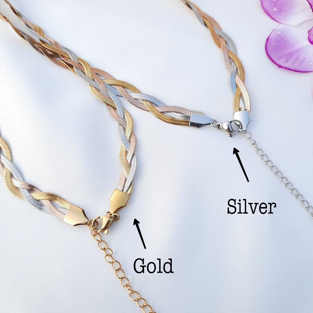 Kalung Choker Titanium Rajut Belut Gepeng Kombinasi Warna Rosegold, Gold dan Silver