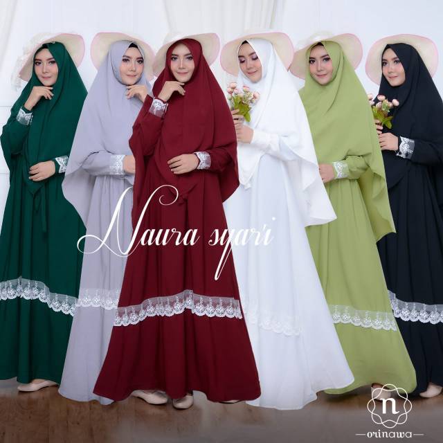 Naura gamis busana muslimah set jilbab syari bhn diorpeach mix renda busui ori