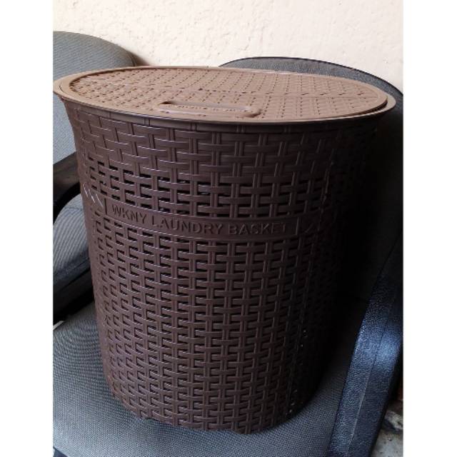 Keranjang Pakaian Kotor Tutup Bulat Rotan Anyaman Plastik Laundry Basket
