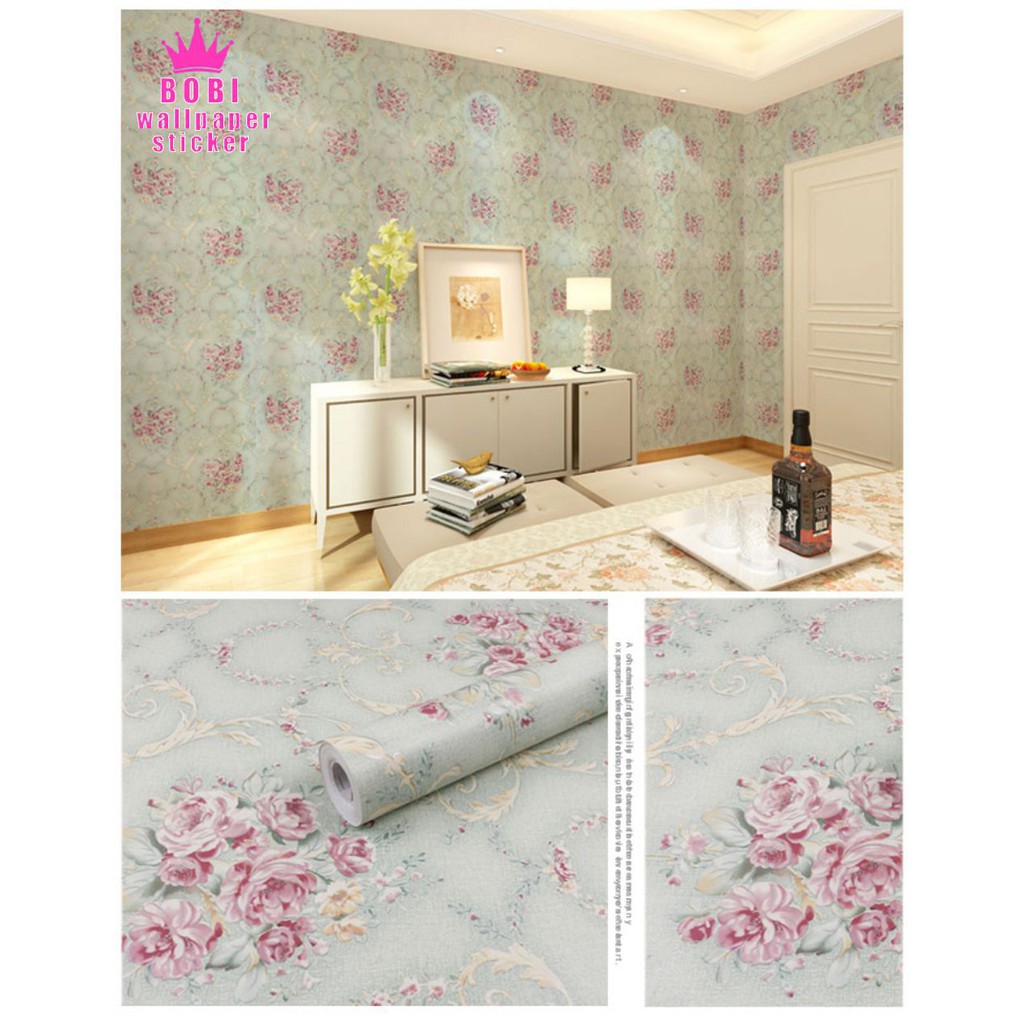 Wallpaper Sticker Motif Bunga Pink Warna Dasar Kehijauan  5250-1 Wallpaper Sticker Murah dan Berkualitas