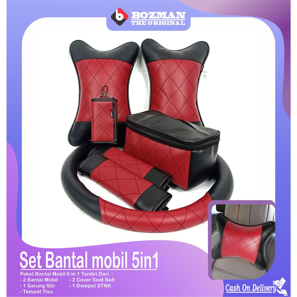 Set Bantal Mobil 5 in 1 Bantal Mobil Seatbelt Sarung Stir Dompet STNK Tempat Tissue Premium