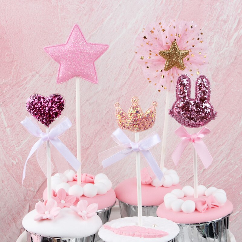 5pcs / Set Hiasan Topper Kue Dengan Bentuk Bintang / Hati / Mahkota Warna Pink Untuk Pesta