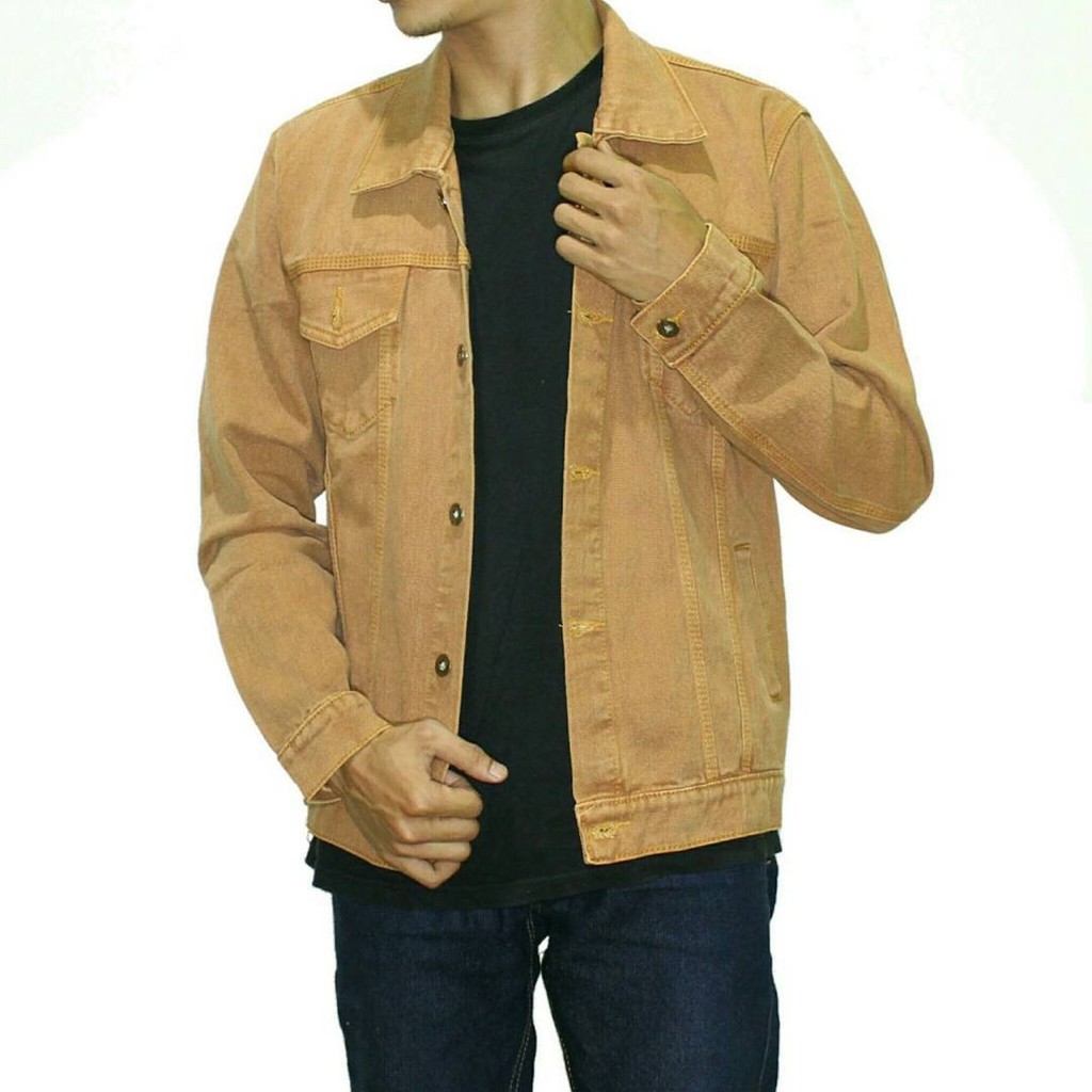 Jaket Jeans Denim PREMIUM Pria Warna Polos Cream Jacket Cowok Jeket Lelaki Krem Size Ukuran M L XL