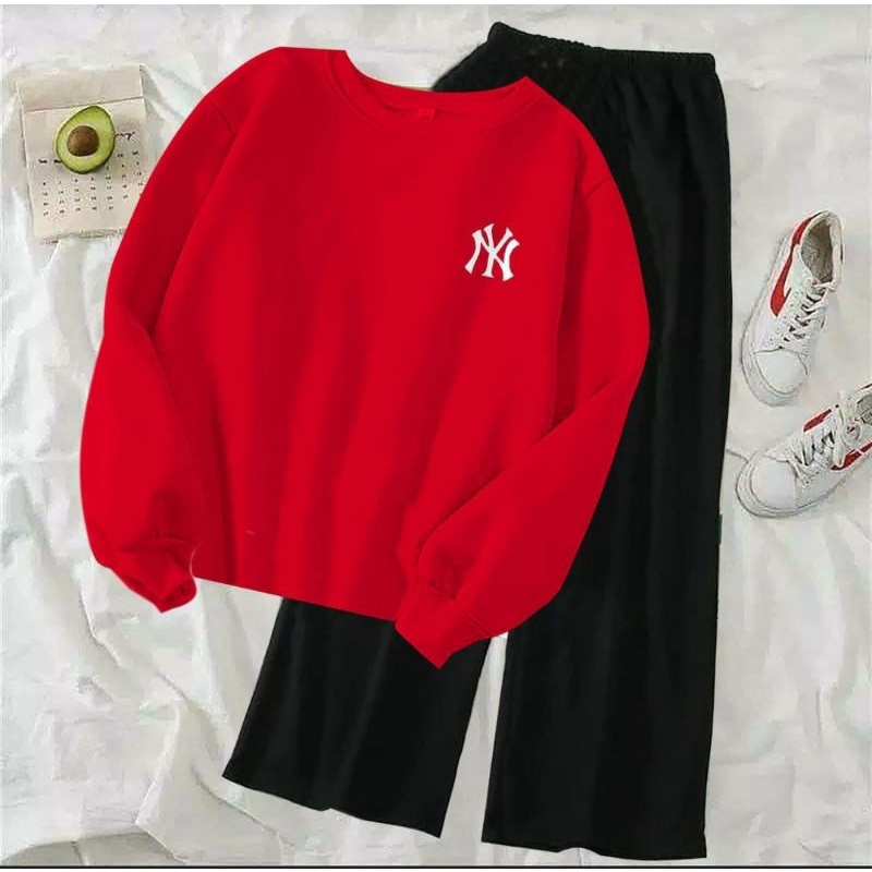(COD)ST NY / Stelan Kulot Polos Wanita / Stelan Sweater Terlaris / Stelan NY Bordir / Sweater Lengan Panjang&Celana Kulot Viral-3