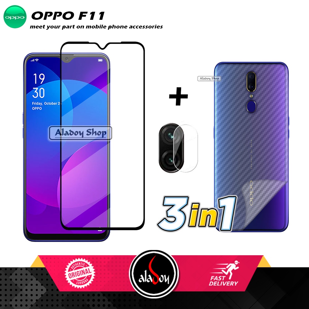 PROMO 3 IN 1 PAKET Tempered Glass Oppo F11 Free Tempered Glass Camera dan Skin Carbon