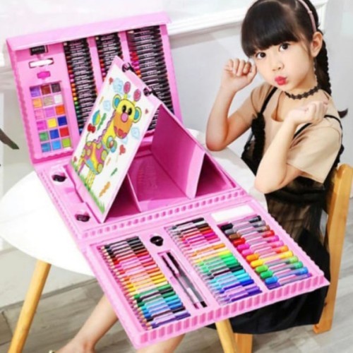 

(DISKON TERMURAH) Crayon Set Anak 208 Pcs Pensil Warna Alat Lukis Alat Mewarnai Gift Set - Merah Muda