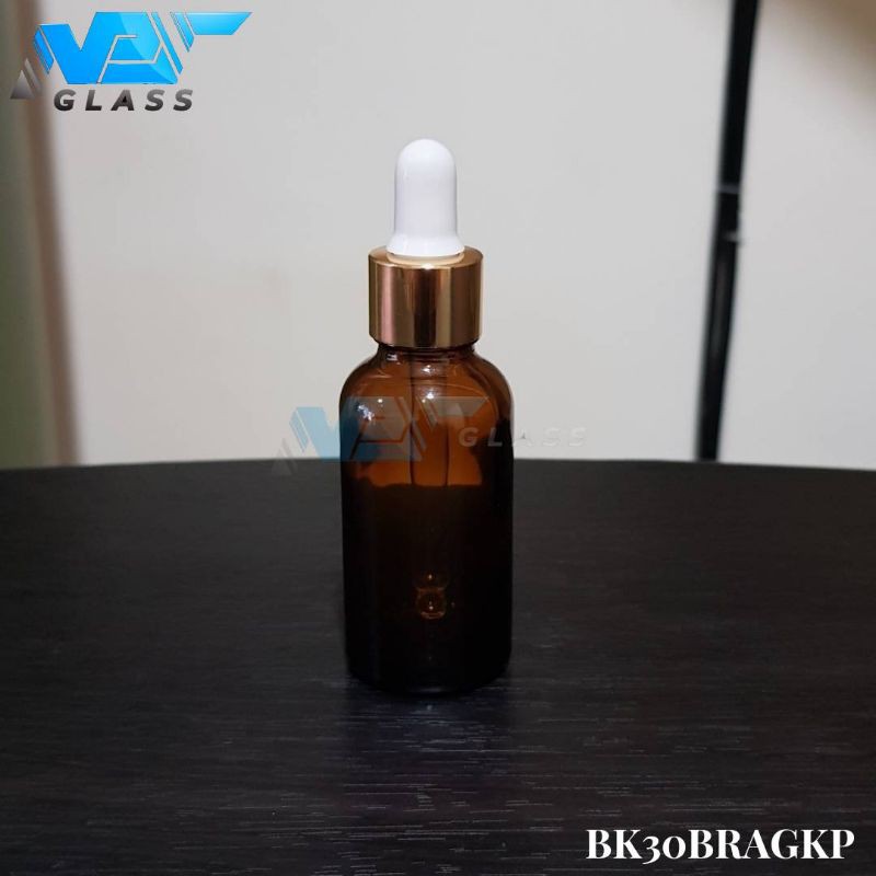 botol kaca pipet 30ml coklat / amber tebal - ring almunium gold