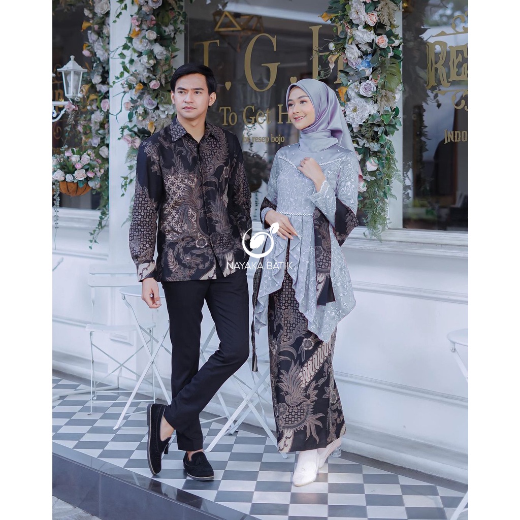 Pakaian Couple Batik Fara Brokat Tulle Mutiara - Kebaya Couple Kondangan Lamaran - Kebaya Tunangan - Kebaya Wisuda - Batik Couple Laffeya Tunik