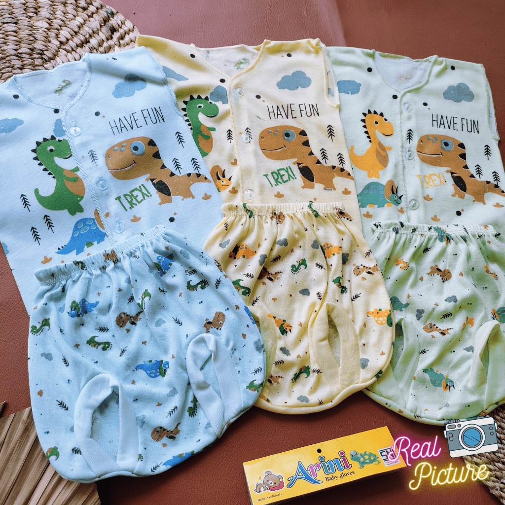 3 Baju Bayi Setelan Lengan Kutung Kancing Depan Bayi Newborn usia 0-3 Bulan Motip Dinosaurus