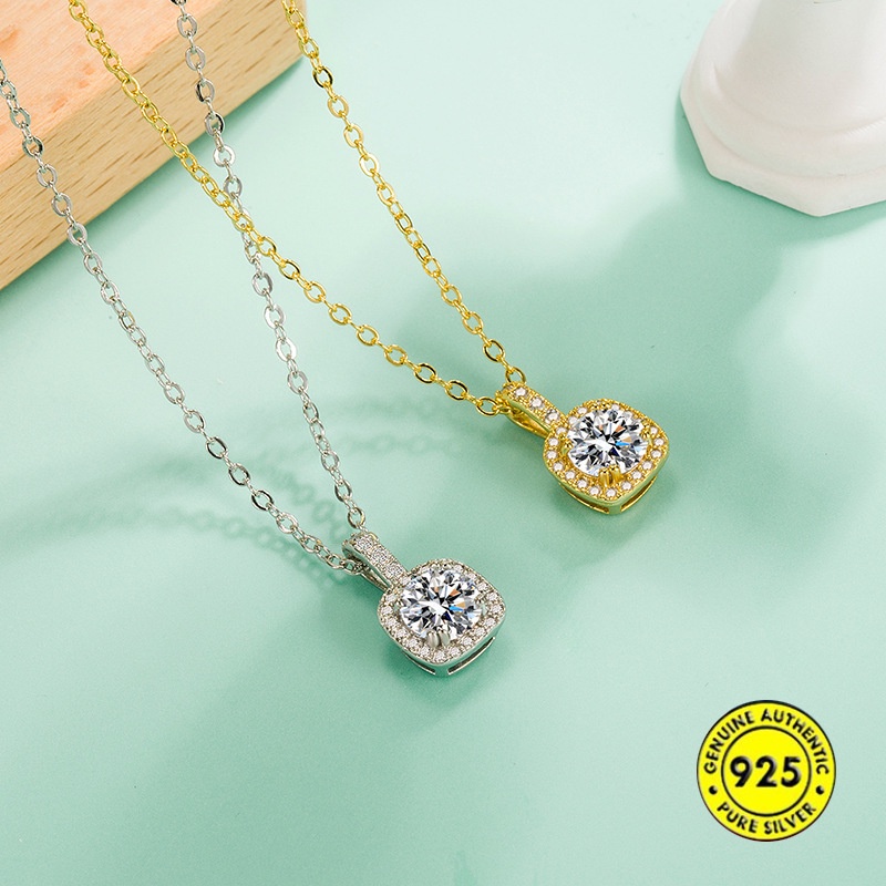 Kalung Rantai Sterling Silver 925 Dengan Liontin Batu Zircon Kotak Untuk Wanita